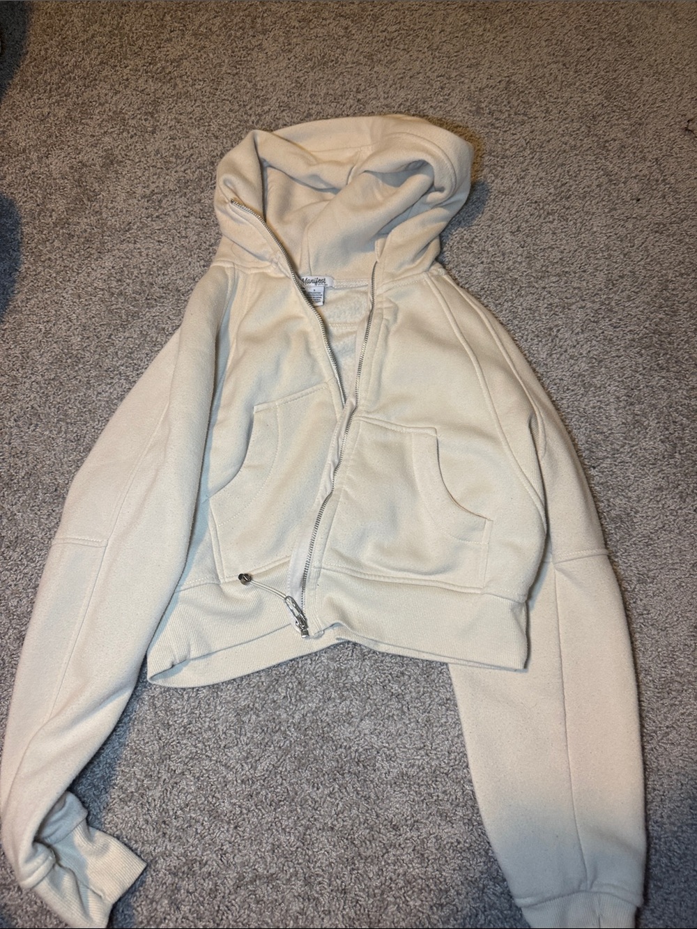 Cream Cropped Zip-Up Hoodie